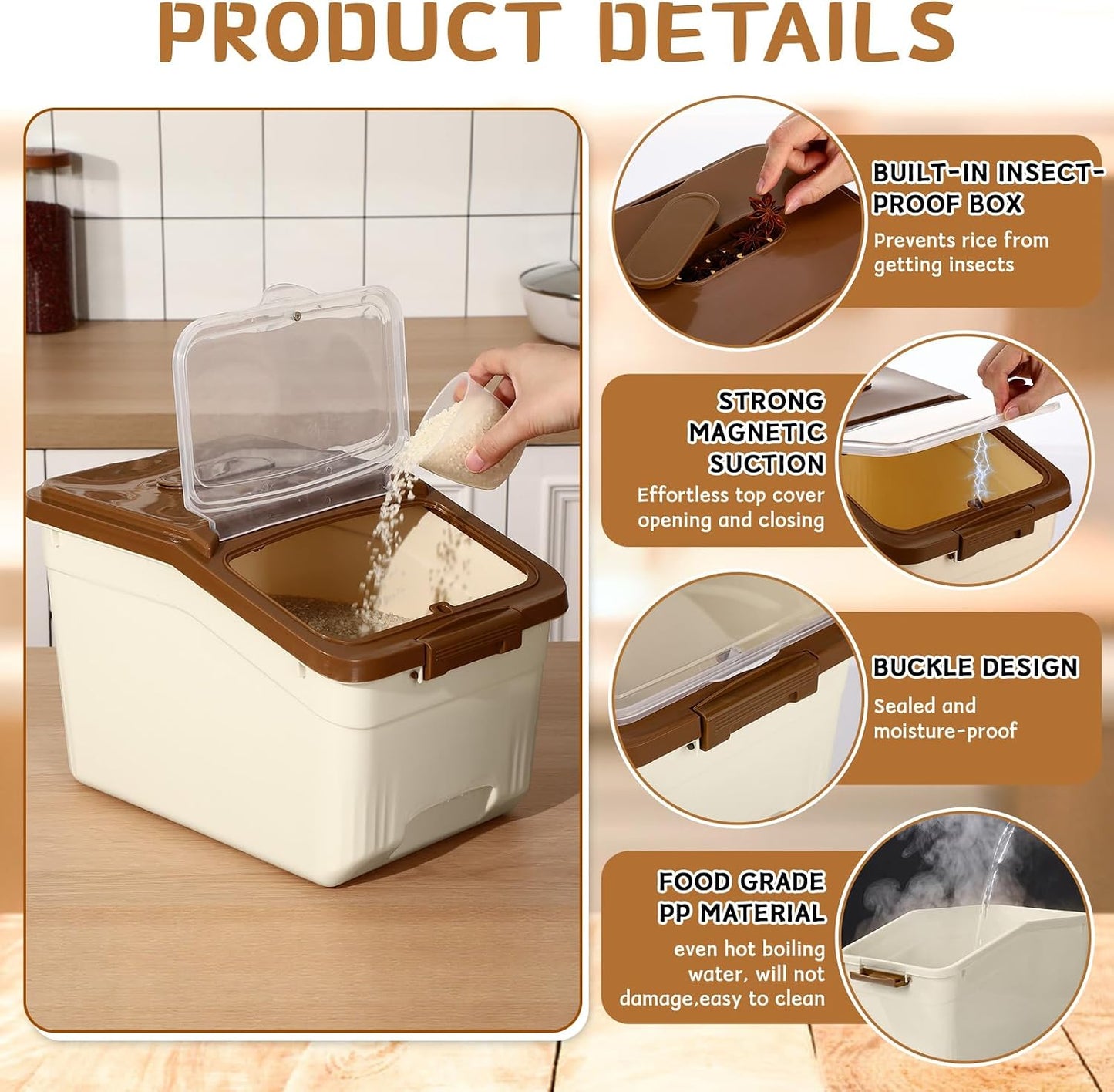 Blushtier 4 Pack Large Rice Storage Containers 30 Lbs Airtight Flour Container with Seal Locking Lid and Measuring Cup Kitchen Dry Food Storage Bins for Cereal Sugar Beans(Transparent White)