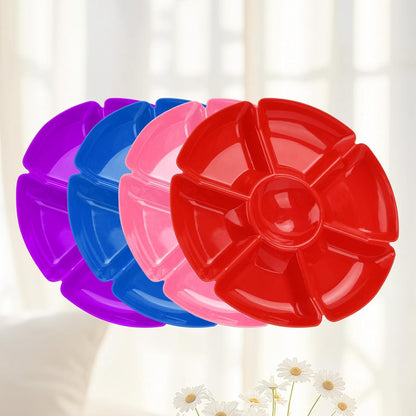 ‌12 Pcs Plastic Serving Trays with 7 Compartments - 10 Inch Round Chip & Dip Thanksgiving Plates for Candy, Nuts, Fruits, Veggies - Party Platter Set, 6 Colors