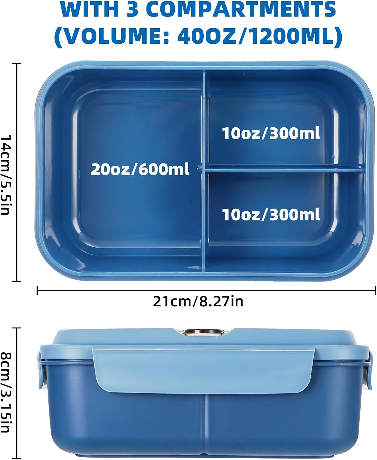 Fanhaw 40 Oz/5 Cup Bento Box for Kids, Men and Women, Lunch Box with 3 Compartments, Utensil, Microwave & Dishwasher Safe (Green)