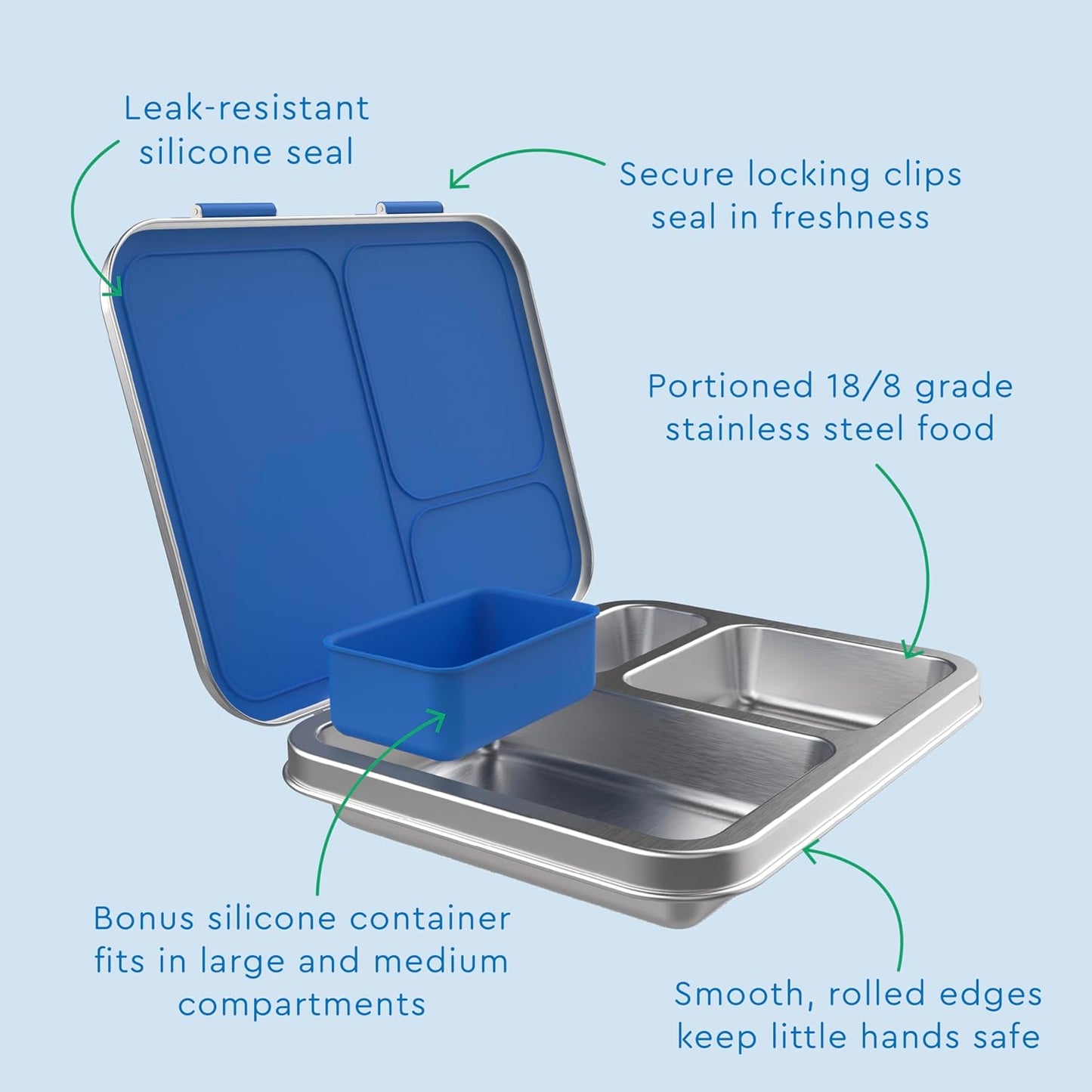 Bentgo Kids Stainless Steel Leak-Resistant Lunch Box - 3-Compartments with Bonus Silicone Container, Durable, Eco-Friendly, Dishwasher Safe, BPA-Free, Ideal for School, Ages 3+ (Silver)
