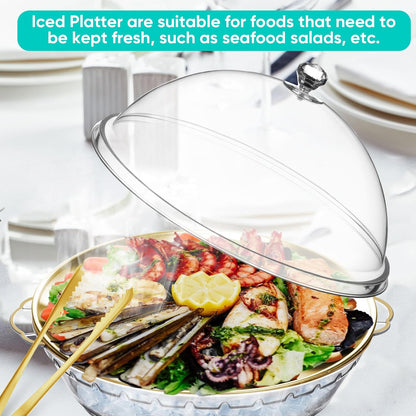 Baderke 11.8" Chilled Serving Tray for Parties with Compartments and lid Ice Chilled Party Platter Charcuterie Serving Board Cold Dish Dip for Fruit Seafood Vegetable Shrimp Cocktail(Silver,2 Pcs)