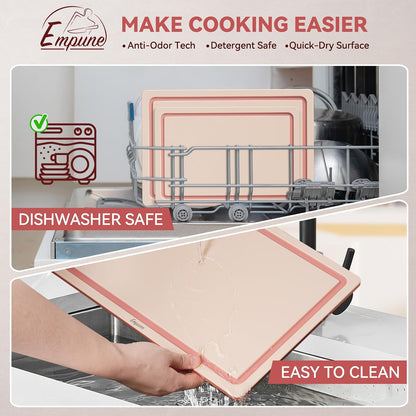 Empune Plastic Cutting Board Set, Recycled Plastic Cutting Boards for Kitchen (Set of 3), Dishwasher Safe Large Chopping Board with Holder, Non-slip Feet and Juice Grooves, Nonporous, Grey