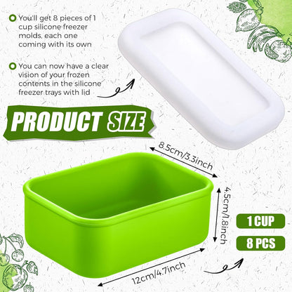 Nuogo 8 Pcs 1 Cup Silicone Freezer Containers with Lid Soup Freezer Molds Silicone Soup Containers Rectangle Trays Reusable Food Preserving Tray Ice Trays for Soups Sauces Stews(Green)