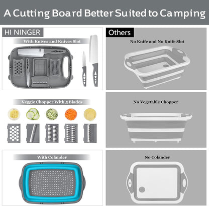 9-in-1Collapsible Cutting Board with Colander Wash Basket Camping RV Gift