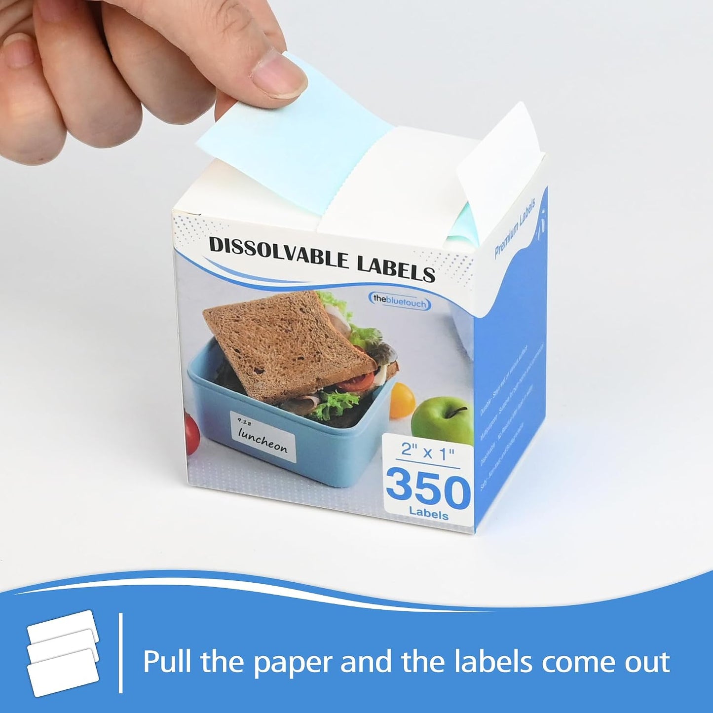 THEBLUETOUCH Dissolvable Food Labels with Dispenser - 1" x 2" Water Dissolving Labels, No Residue for Meal Prep & Food Storage Containers, 350 Count (1 Rolls of 350)