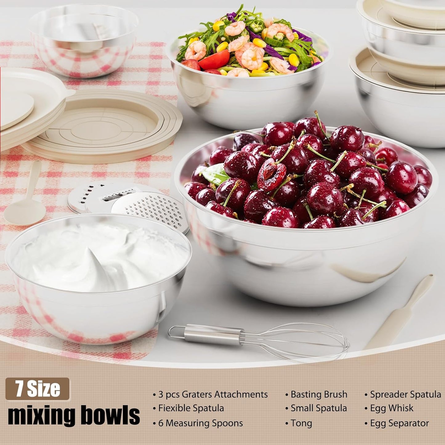 ENVTEK Mixing Bowls with Lids Set, 7 PCS Stainless Steel Mixing Bowls with 3 Grater Attachments, Size 4.5, 4, 3.5, 2.1, 1.5, 1.1, 0.7QT, Ideal for Kitchen Cooking Baking & Serving