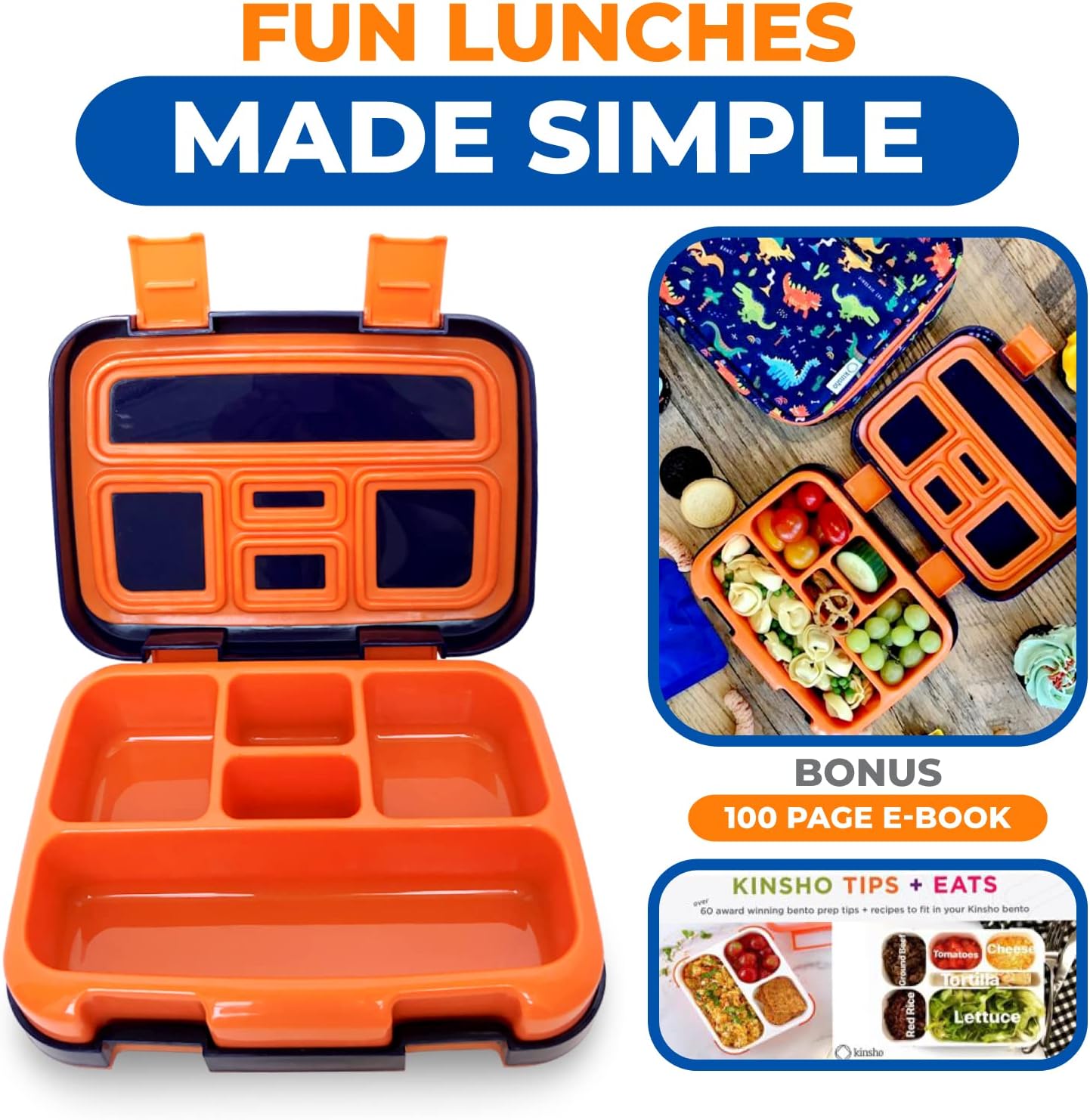 Kinsho Bento Lunch Box for Kids Toddlers, 5 Portion Control Sections, BPA Free Removable Plastic Tray, Pre-School Kid Toddler Daycare Lunches, Snack Container Ages 3 to 7 (Blue Space Rockets)