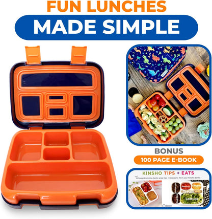 Kinsho Bento Lunch Box for Kids Toddlers, 5 Portion Control Sections, BPA Free Removable Plastic Tray, Pre-School Kid Toddler Daycare Lunches, Snack Container Ages 3 to 7 (Blue Space Rockets)