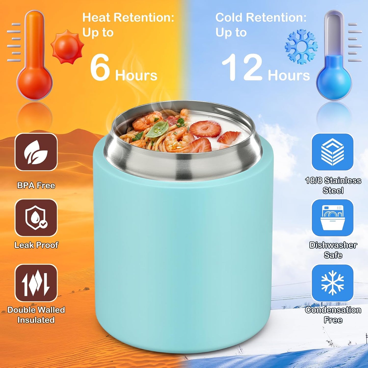 2 - in - 1 Soup Thermo for Hot Food 14oz with Snack Box Container Leak Proof Insulated Lunch Container Kids and Adults Stainless Steel Double Wall Vacuum Wide-mouth Thermal with Spoon and Handle