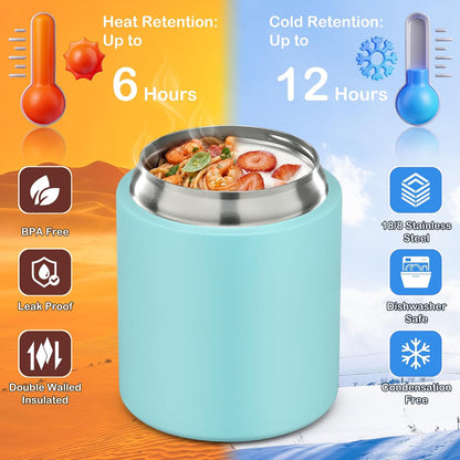 2 - in - 1 Soup Thermo for Hot Food 14oz with Snack Box Container Leak Proof Insulated Lunch Container Kids and Adults Stainless Steel Double Wall Vacuum Wide-mouth Thermal with Spoon and Handle