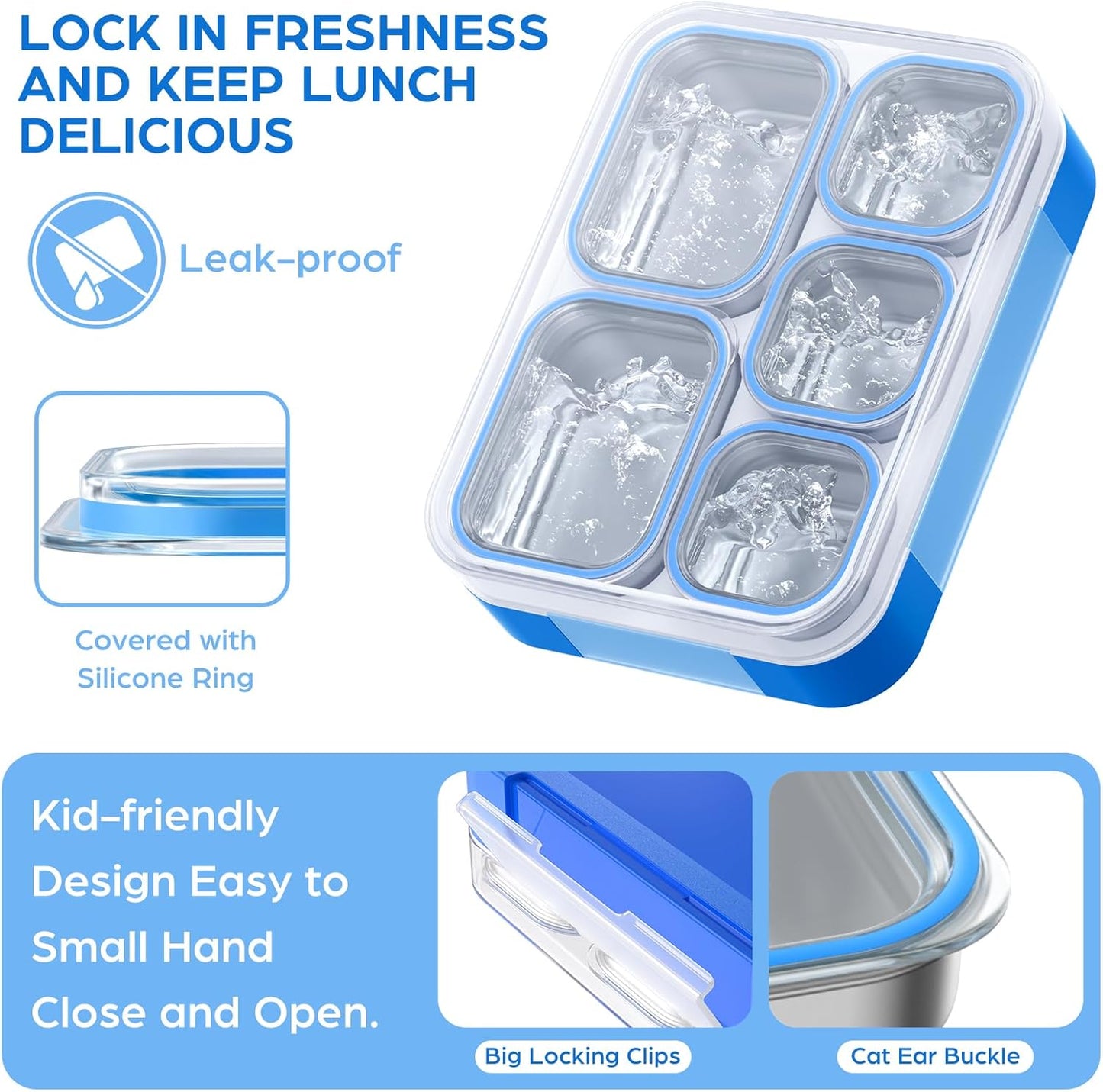 Bento Box Stainless Steel Lunch Box Set with for Lunch Bag Kids Adult 5-Compartment Leakproof Insulated Lunch Containers with Utensils for School Works, Metal Lunchbox Tray BPA-Free (Blue)