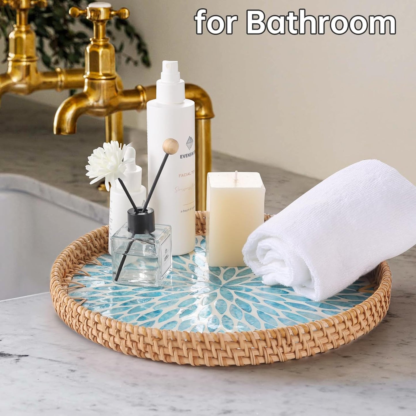 Round Rattan Tray with Mother of Pearl Inlay, Rattan Serving Tray for Coffee, Bread, Fruits, Decorative Wicker Tray for Table Decor, Home Decor, Kitchen Island Decor(Black Checkerboard, 11.8")