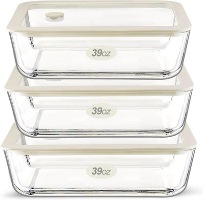 Urban Green Glass Food Container Set with Glass Lid, 3 Pack, Food Storage Containers Set, Airtight, LeakProof, 100% Plastic Free, Meal Prep Containers (White Color)