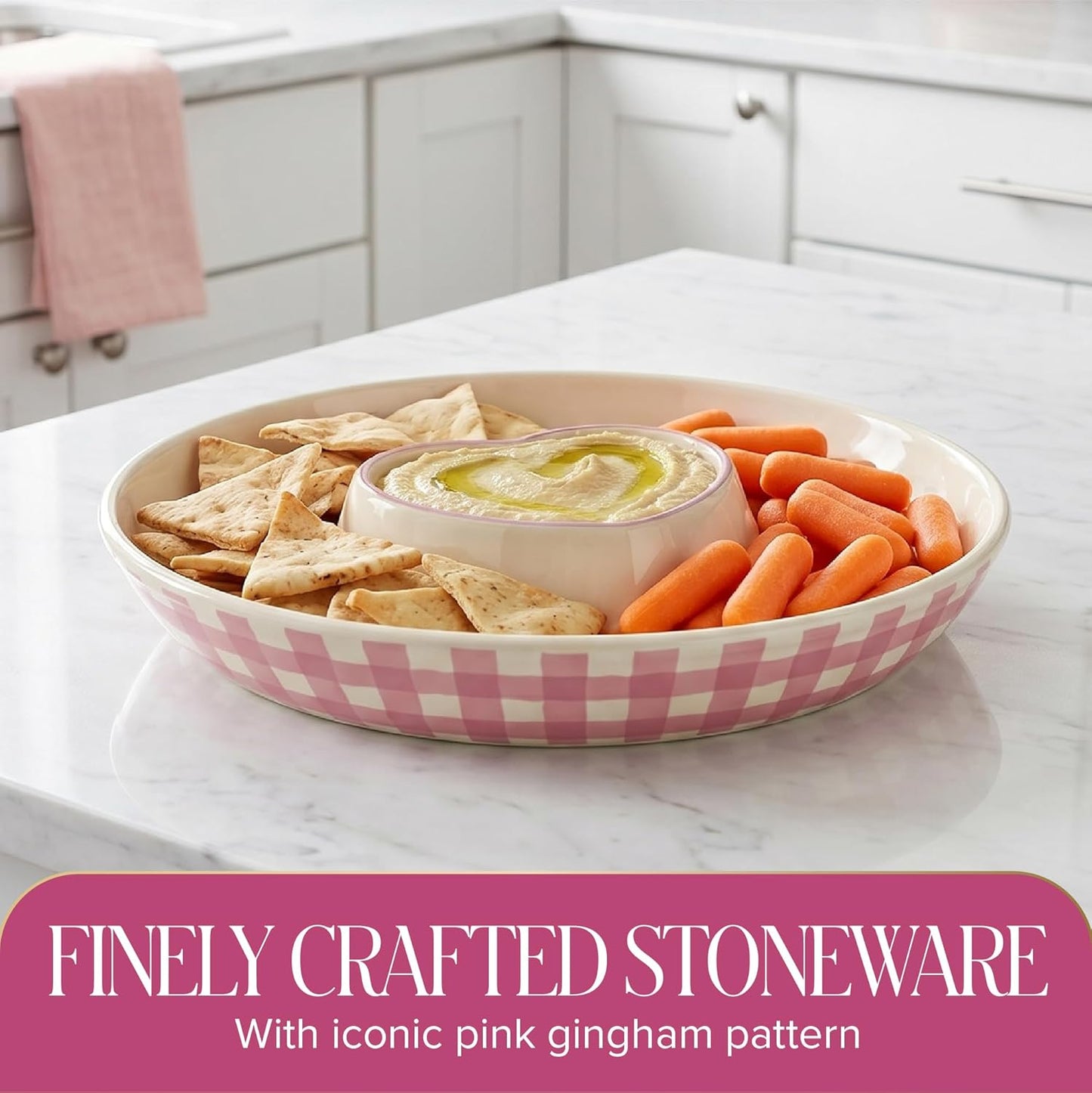 Paris Hilton Chip and Dip Serving Tray, Finely Crafted Stoneware with Heart-Shaped Dipper, Embossed Hearts, Microwave and Dishwasher Safe Stoneware, 12-Inch, Pink