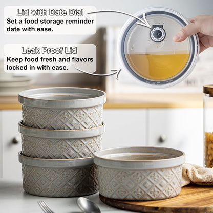 Airtight Food Storage Containers with Lids Mixing Bowls Set, Ceramic Serving Bowls with Lids Set of 4, 12/16/28/40 oz Stackable Nesting Salad Bowls for Cooking, Baking, Ramen - Beige