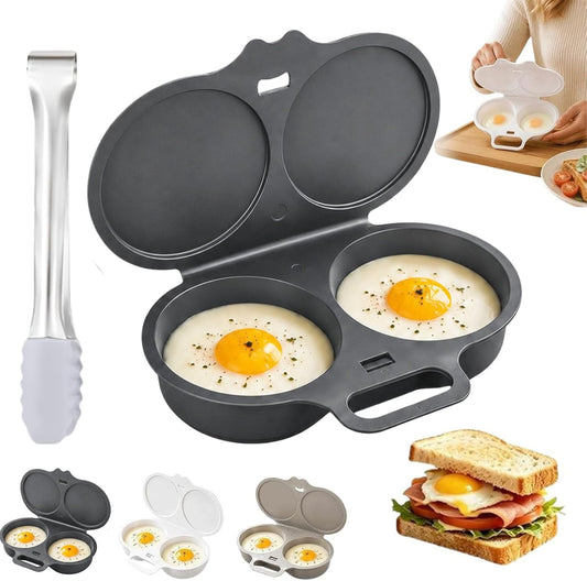 Microwave 2‑Egg Poacher, Non‑Stick Egg Cooker with Lid & Handle & Tongs