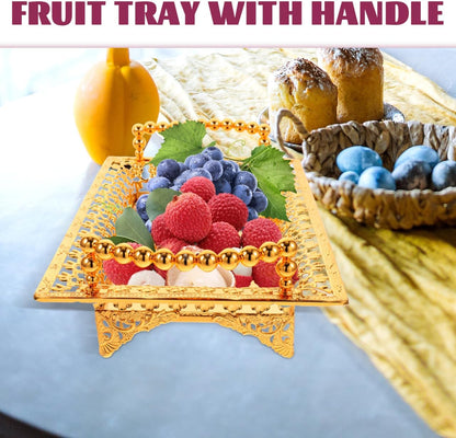 COLLBATH Nordic Style Fruit Plate with Handle 2Pc Metal Snack Serving Tray for Dried Fruits and Appetizers Elegant Gold Platter for Kitchen and Entertaining