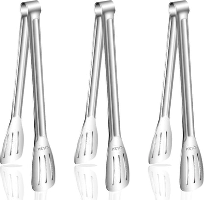 Stainless Steel Kitchen Tong Set - Anti-Slip Heat-Resistant Grip, Widened 3-Line Slotted Heads for Easy Clamping (Steaks, BBQ, Pasta, Salads), Easy Clean for Versatile Use Set of 3-6", Silver