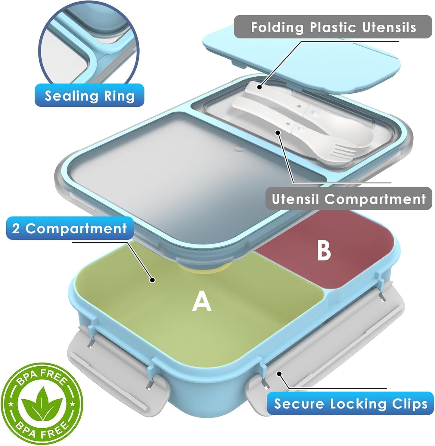 WHALEHOUSE Bento Lunch Box, 1300ML 4 Compartments Meal Prep Container with Utensil, Airtight Food Storage Container with Snap Locking Lids, Microwave/Dishwasher/Freezer Safe, On the Go