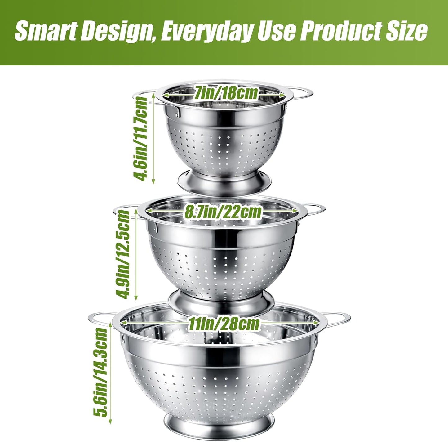Palksky Stainless Steel Colander Set with Self-Draining Base, 3 Sizes Colanders & Food Strainers for Pasta, Rice, Fruits & Veggies, Metal Colander with Draining Plate for Sink or Countertop