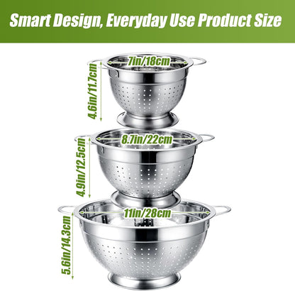 Palksky Stainless Steel Colander Set with Self-Draining Base, 3 Sizes Colanders & Food Strainers for Pasta, Rice, Fruits & Veggies, Metal Colander with Draining Plate for Sink or Countertop
