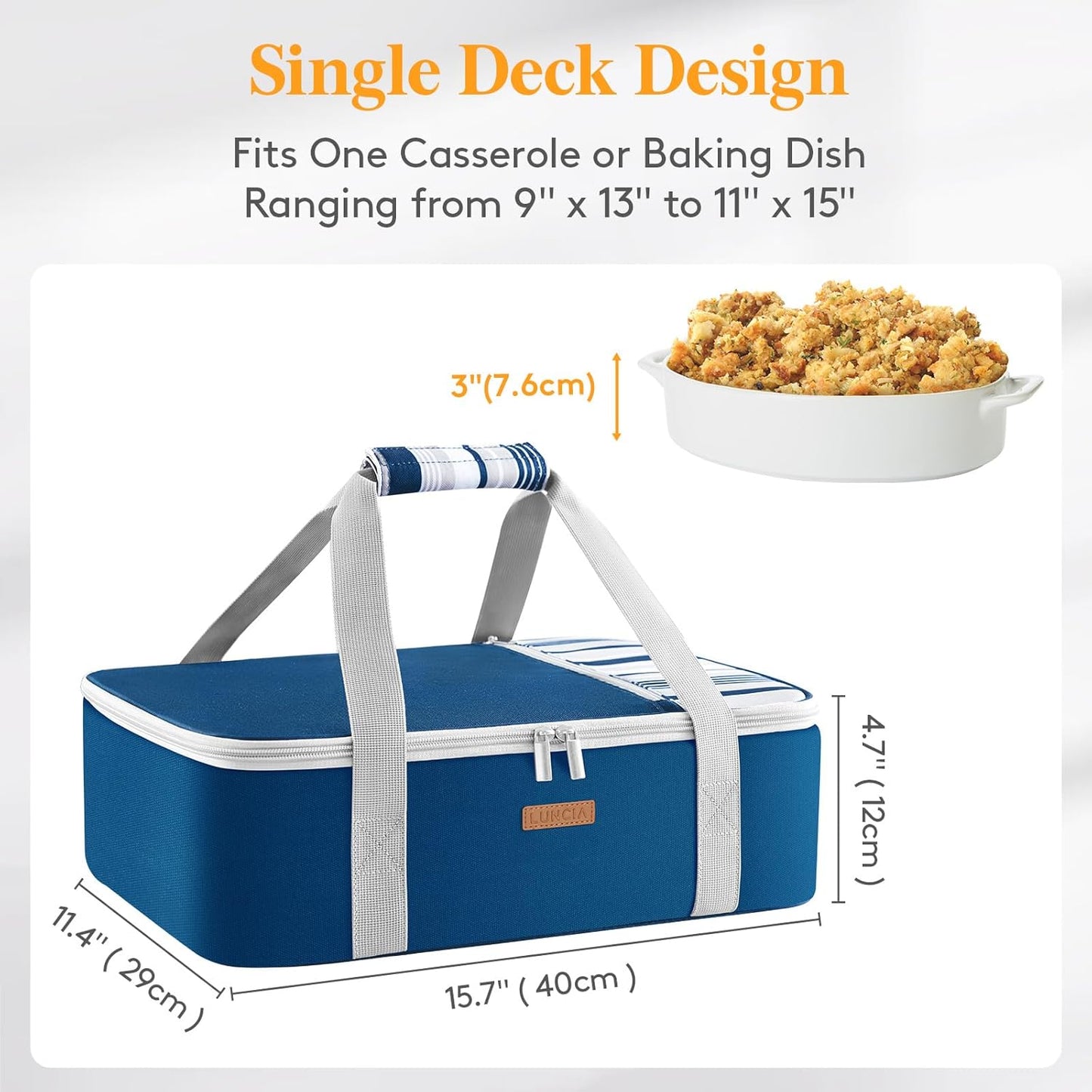 LUNCIA Insulated Single Decker Casserole Carrier, Lasagna Lugger Tote Keeps Food Hot or Cold, Thermal Lunch Bag for Potluck Parties, Picnic and Cookouts, Fits 9" x 13" Baking Dish, Black
