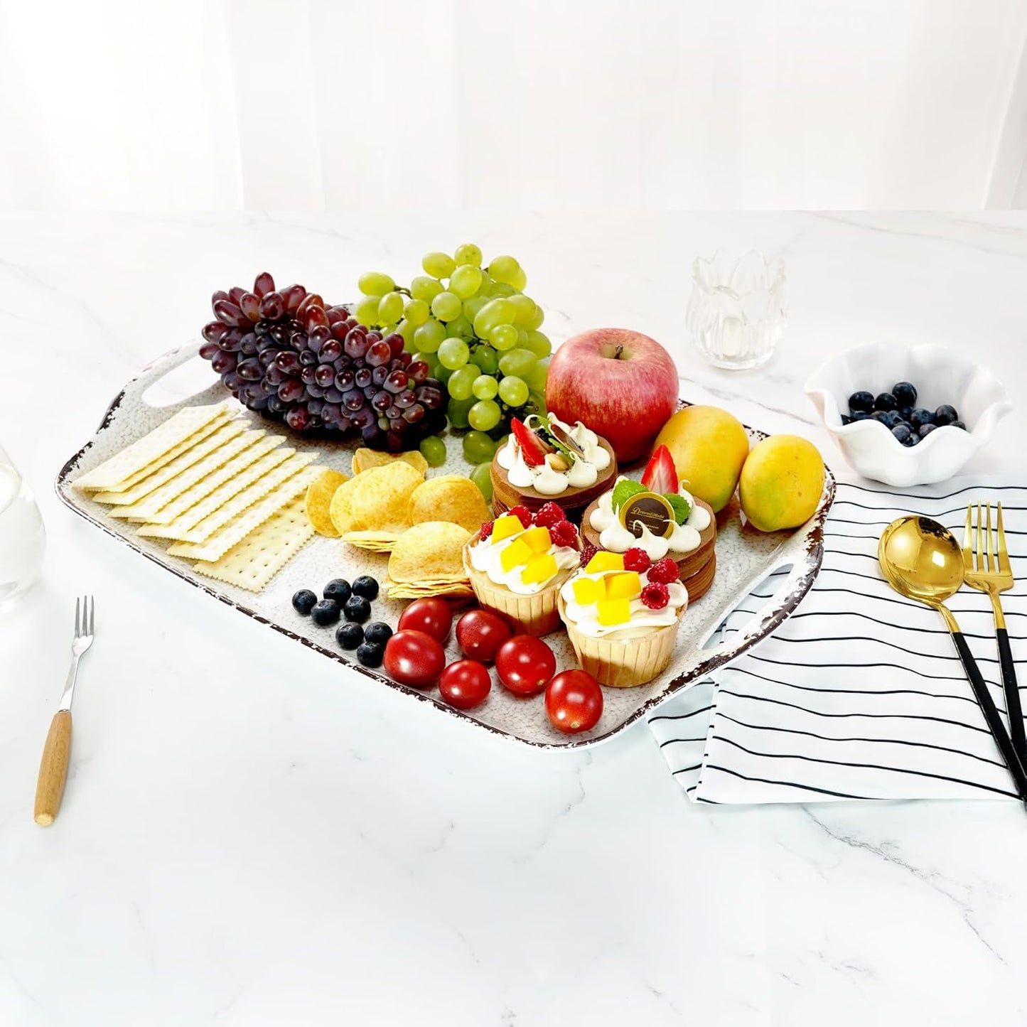 TP Large Serving Trays with Handles, 19" x 12" Melamine Serving Platters for Food, Turkey, Set of 2 Rectangular Trays for Party, Pure White