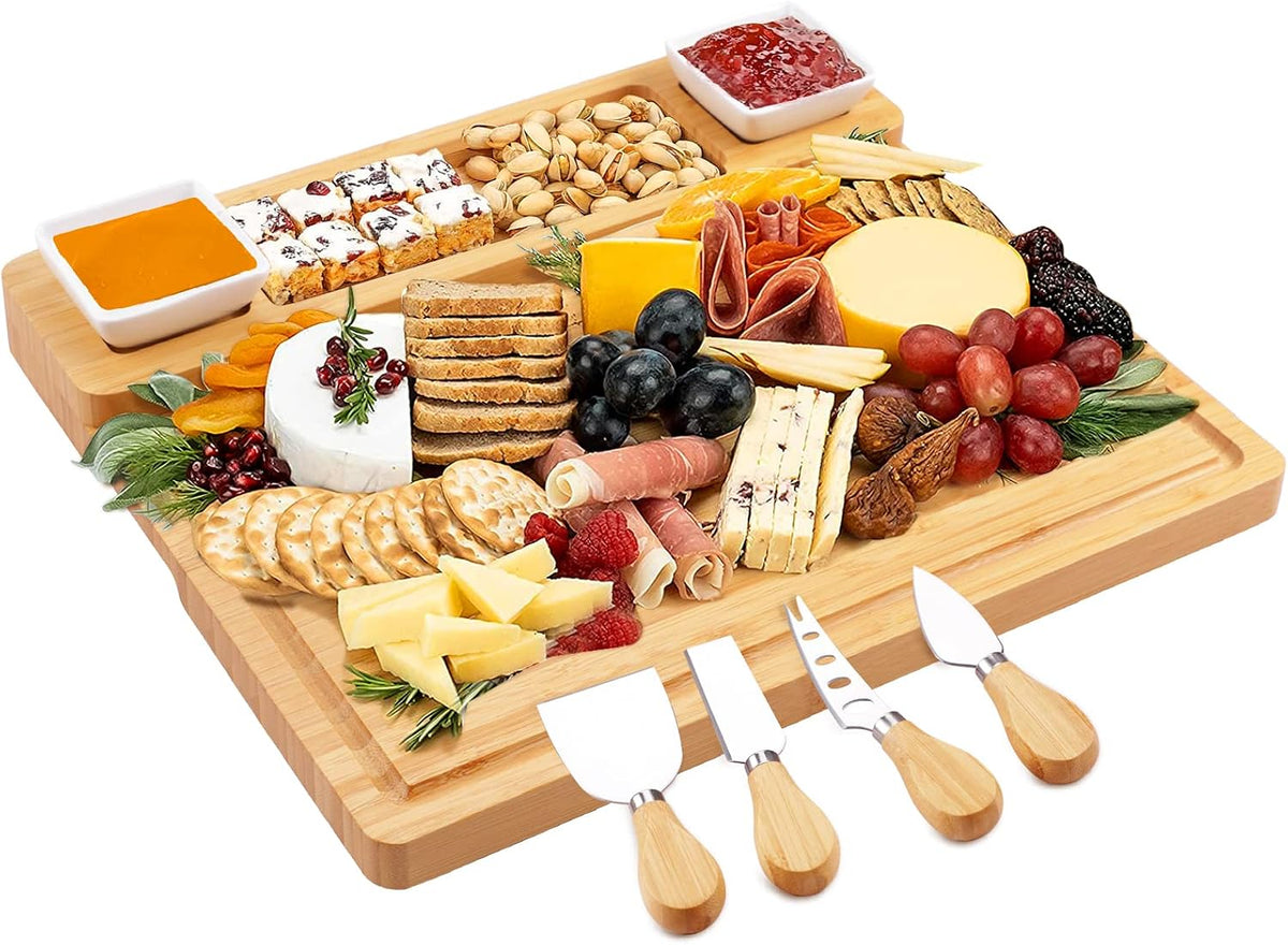 Charcuterie Boards and Knife Set - Bamboo Cheese Board - Wine Meat Cheese Tray Platter - Unique Housewarming Gifts, Anniversary Wedding Gifts for Couple, Bridal Shower Gift