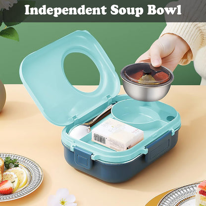 3 Compartments Bento Lunch box with Soup Bowl, Insulated Lunch Bag and Portable Utensils, Stainless Steel Camera Lunch Containers，Leak Proof Bento Box for Kids Adults Men Women…