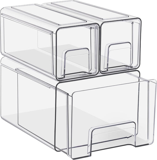 Sorbus Clear Stackable Storage Drawers, 4-Piece Set 1 Large, 1 Medium & 2 Small Pull-Out Plastic Organizer Bins with Handles for Bathroom, Closet, Pantry, Cabinet & Medicine Storage