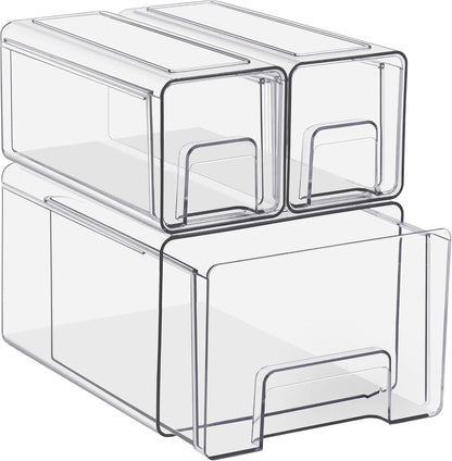 Sorbus Clear Stackable Storage Drawers, 4-Piece Set 1 Large, 1 Medium & 2 Small Pull-Out Plastic Organizer Bins with Handles for Bathroom, Closet, Pantry, Cabinet & Medicine Storage