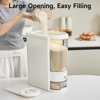 UFORU Rice Dispenser, Rice Storage Container with Measuring Cup for Kitchen Pantry Household, Dry Food Storage Containers Airtight, Sealed Moisture Proof (White 11Lbs)