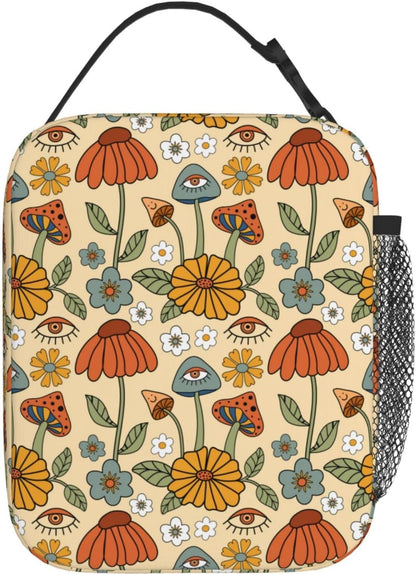 70s Retro Mushroom Floral Insulated Lunch Bag Reusable Cooler Lunch Box Portable Leakproof Thermal Container Tote Bags for Girls Boys School Travel