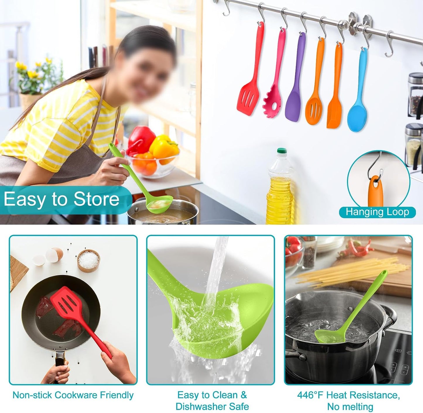 TeamFar Silicone Cooking Utensil Set of 7, Black Kitchen Nonstick Tools Turner Spoon Spatula Ladle Pasta Server for Nonstick Cookware, Healthy & One-Piece, Anti-Heat & Dishwasher Safe