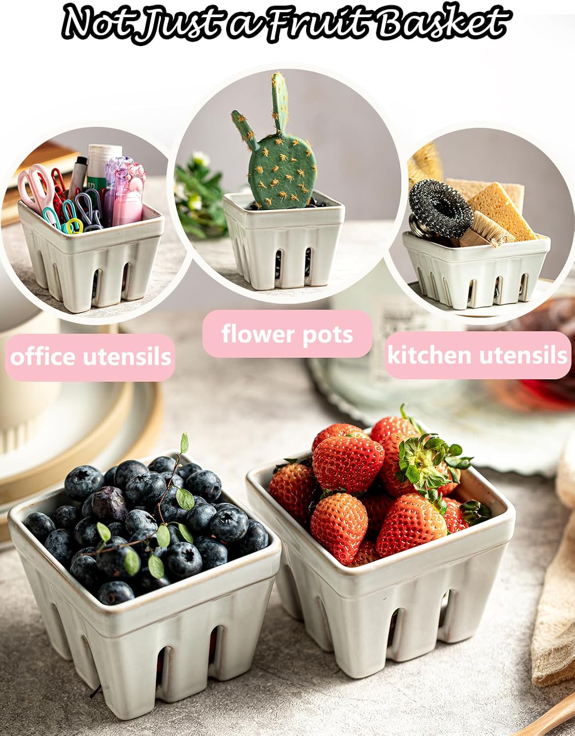 Gomakren Berry Bowls with Holes Ceramic, Berry Washing Bowl Basket Set of 2, 5.8 Inch Round Fruit Bowl Storage Containers, Strawberry Baskets, Farmhouse Kitchen Decor, Yellow + Brown