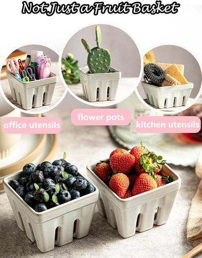 Gomakren Berry Bowls with Holes Ceramic, Berry Washing Bowl Basket Set of 2, 5.8 Inch Round Fruit Bowl Storage Containers, Strawberry Baskets, Farmhouse Kitchen Decor, Yellow + Brown