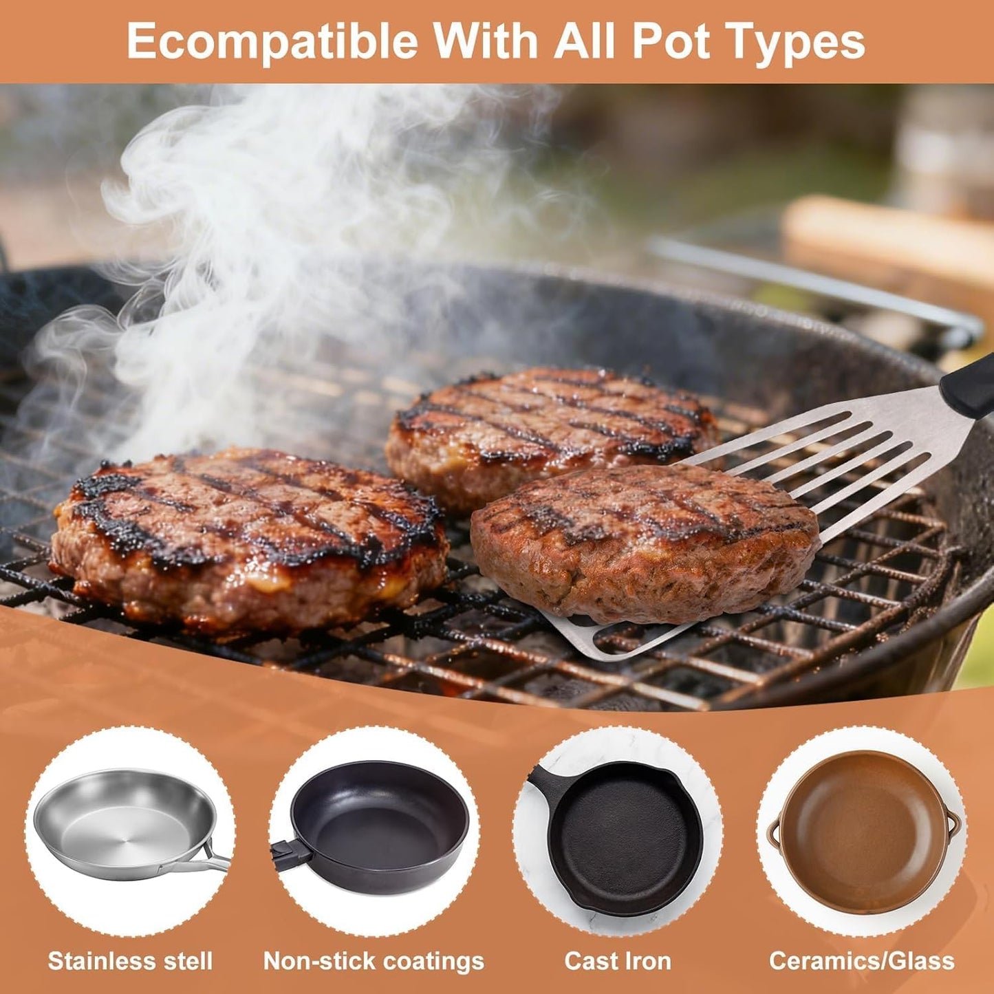 3-Piece Stainless Steel Fish Spatula Set, Metal Slotted Turners for Cast Iron Skillet, Griddle, Steak, Burgers, Eggs and Pancakes
