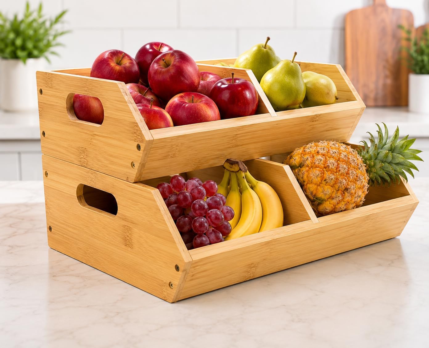 2-Pack Stackable Vegetable Storage Bins, Kitchen and Pantry Organizers and Storage Baskets, for Fruit, Vegetable, Produce, Bread, Potato Onion and Snacks, Bamboo Kitchen Storage Containers