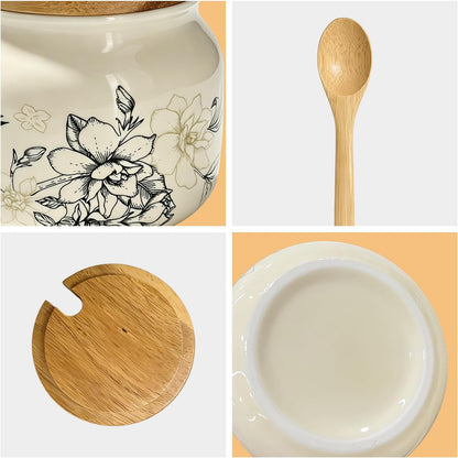 Ceramic Salt Cellar Bamboo Lid Spoon 3.5" Wide 12oz