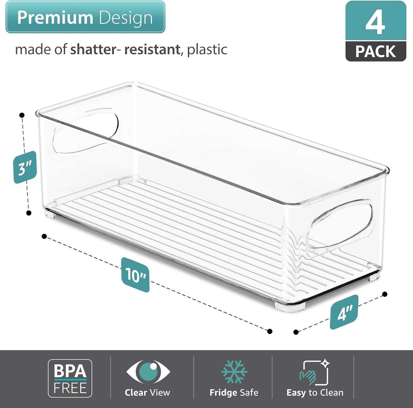 Sorbus Stackable Refrigerator Organizer Bins - Set of 4 Clear Storage Bins for Kitchen Pantry, Freezer & Fridge Organization - Food Organizing Plastic Containers with Handles for Countertops & Drawers