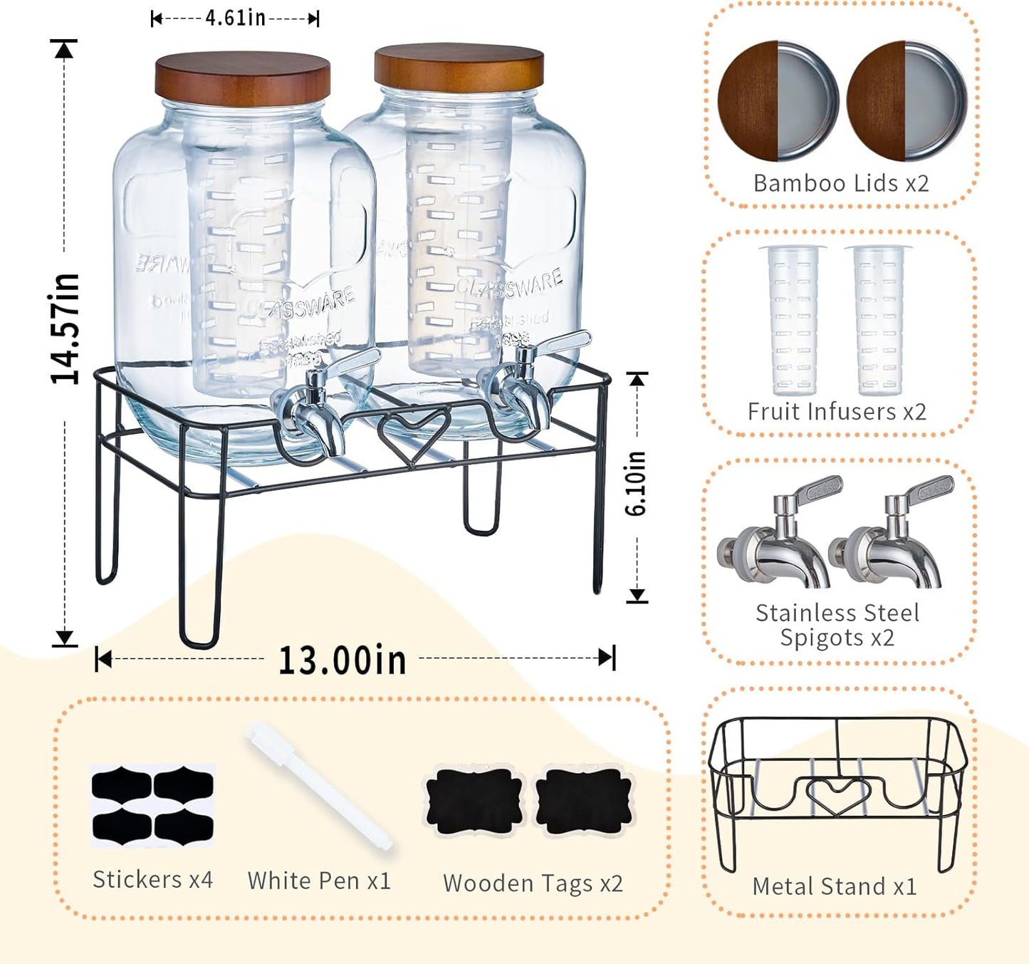 2 Pack1Gallon Glass Drink Dispenser with Stand&Bamboo Lids&Fruit Infuser,304 Stainless Steel Leak-Proof Spigot,Beverage Dispenser for Parties,Water Sangria Juice Sun Tea Lemonade(Natural)