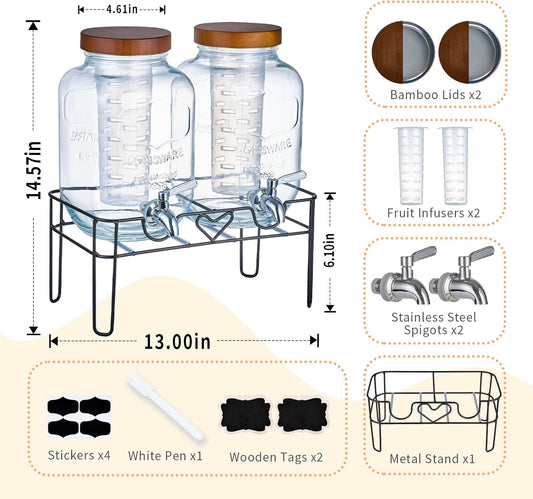 2 Pack1Gallon Glass Drink Dispenser with Stand&Bamboo Lids&Fruit Infuser,304 Stainless Steel Leak-Proof Spigot,Beverage Dispenser for Parties,Water Sangria Juice Sun Tea Lemonade(Natural)