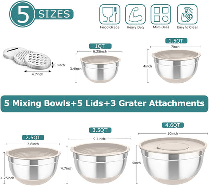 TeamFar Mixing Bowls, 5PCS Stainless Steel Nesting Salad Bowl with Lid & 3 Grater Attachments, for Prepping/Serving/Storing Food, Nontoxic, Airtight Lid & Non-slip Bottom - 4.6/3.5/2.5/1.5/1 QT