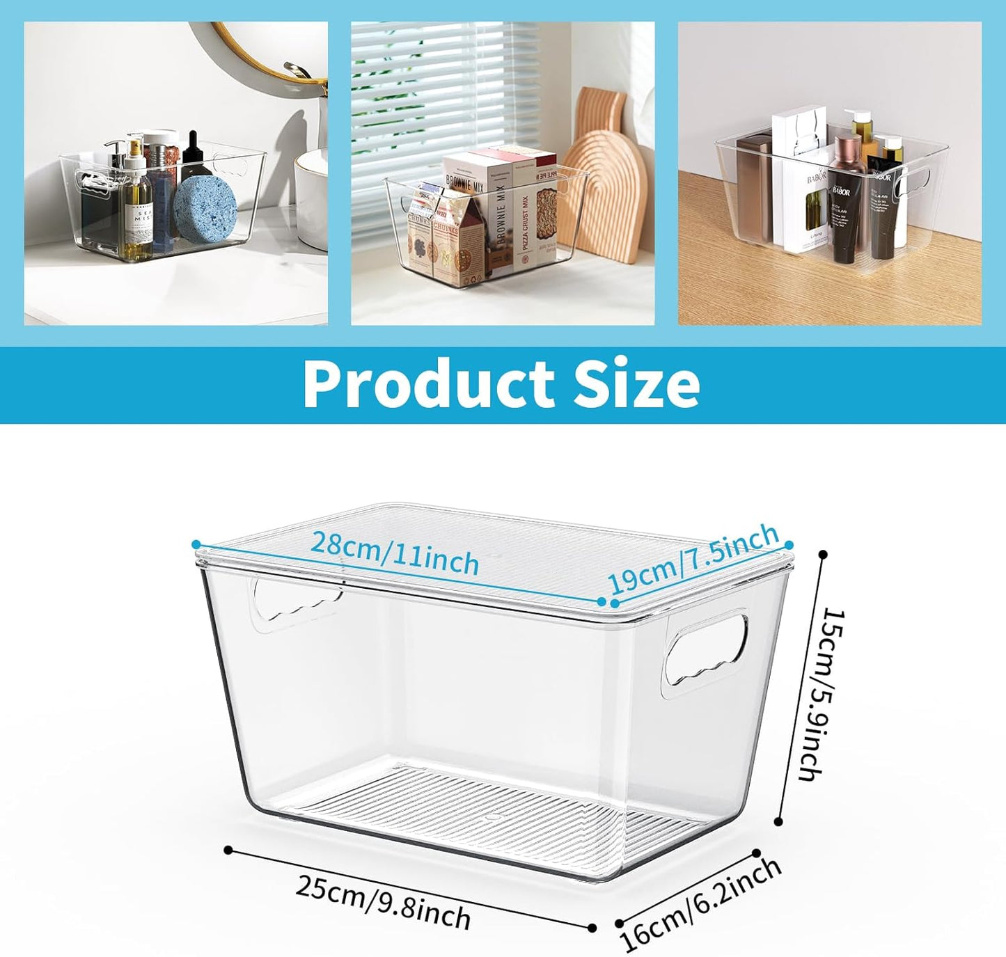 Clear Plastic Storage Bins, 4-Pack Stackable Pantry Organizers and Storage Containers for Kitchen, Fridge, Cabinet and Closet Organization - Home Essentials