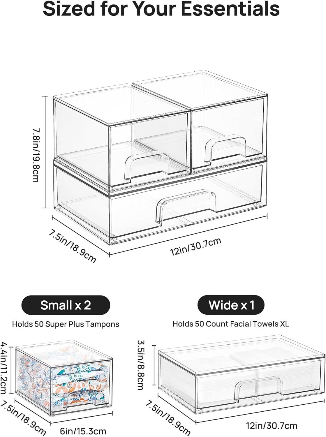 Vtopmart Stackable Storage Drawers Set of 5, Clear Plastic Organizer Bins for Baby Bottle, Beauty Supplies Storage, Ideal for Kichen Countertop, Vanity, Bathroom, Cabinet, Pantry Organization
