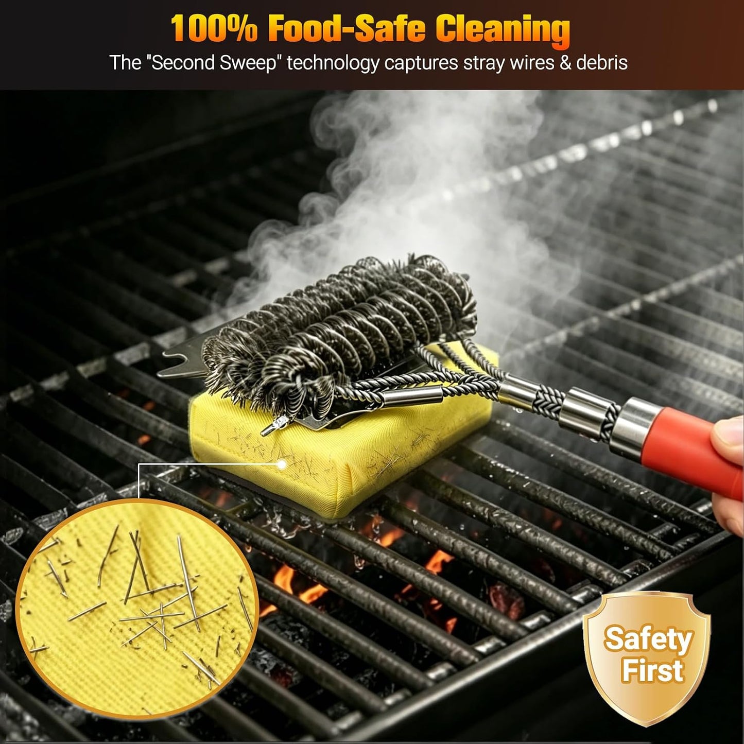 Professional 3-in-1 Grill Brush and Scraper with Safety Second Sweep Sponges - 18" Detachable Long Handle BBQ Cleaner for Heavy Duty Grime - Ideal Father's Day Grilling Gift for Men (Black)