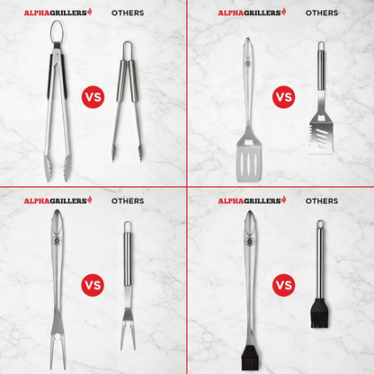 Alpha Grillers Grilling Accessories - BBQ Accessories Grill Set with Spatula, Fork, Brush & Tongs - Outdoor Barbecue Utensils Fathers Day Gift for Dad Husband Men Him Boyfriend