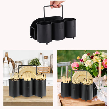 NelyBet Utensil Caddy Silverware Holder Fork Spoon Napkin Paper Plate Organizer Metal Utensil Holder Cutlery Flatware Organizers for Party Kitchen Countertop Camping Picnic - Black Mesh