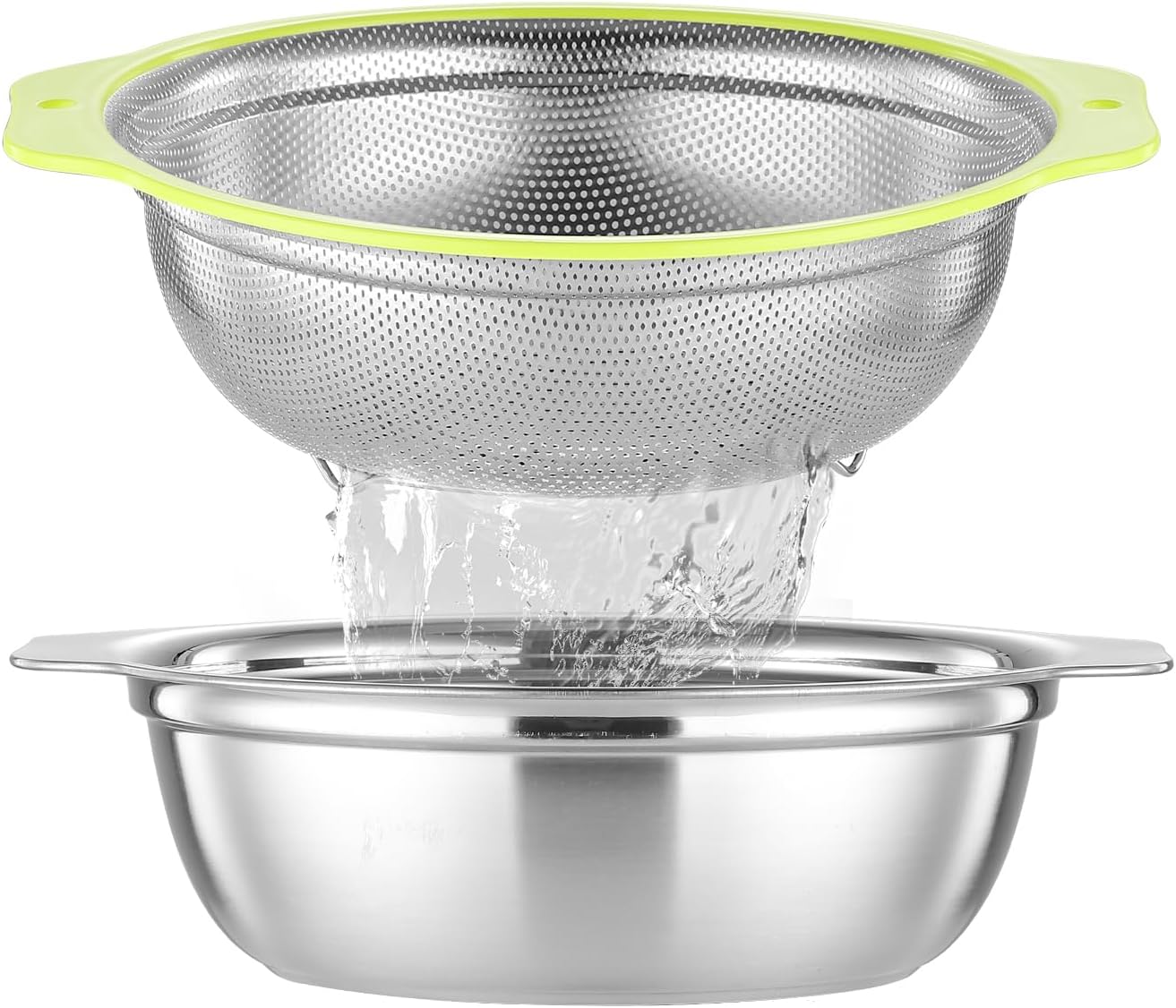 Colander Stainless Steel Microporous, 5QT Large Capacity Rice Washer with Mixing Bowl, 12.5’’Rice Strainer Bowl Set with Handle, Food-Grade Strainers and Colanders for Washing Rice, Pasta