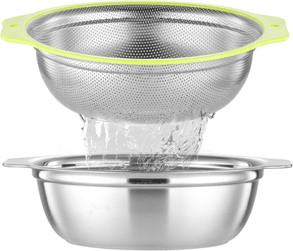 Colander Stainless Steel Microporous, 5QT Large Capacity Rice Washer with Mixing Bowl, 12.5’’Rice Strainer Bowl Set with Handle, Food-Grade Strainers and Colanders for Washing Rice, Pasta